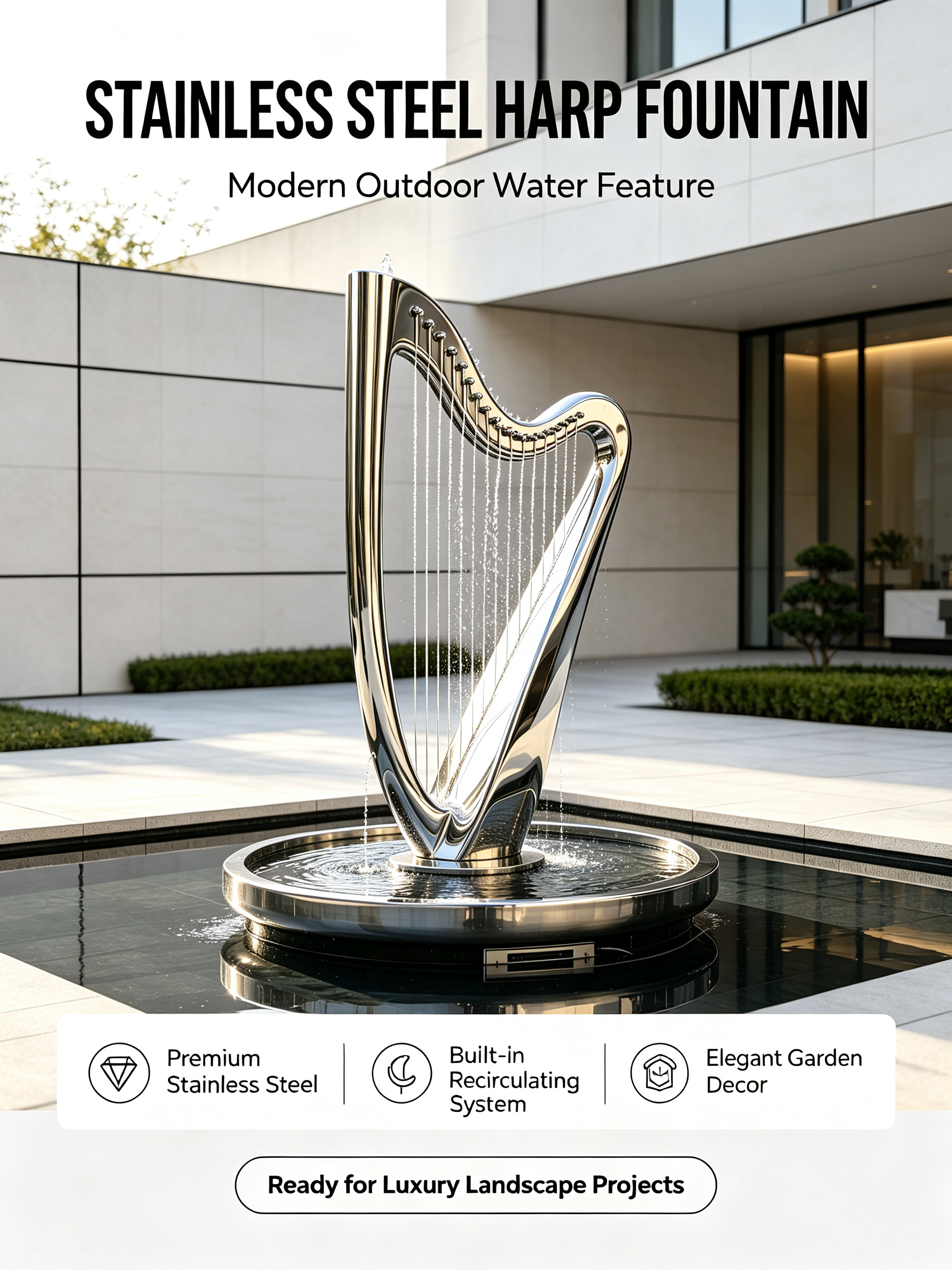 Mirror Polished Stainless Steel Harp Water Fountain Sculpture with Recirculating Water System and Customizable Lighting