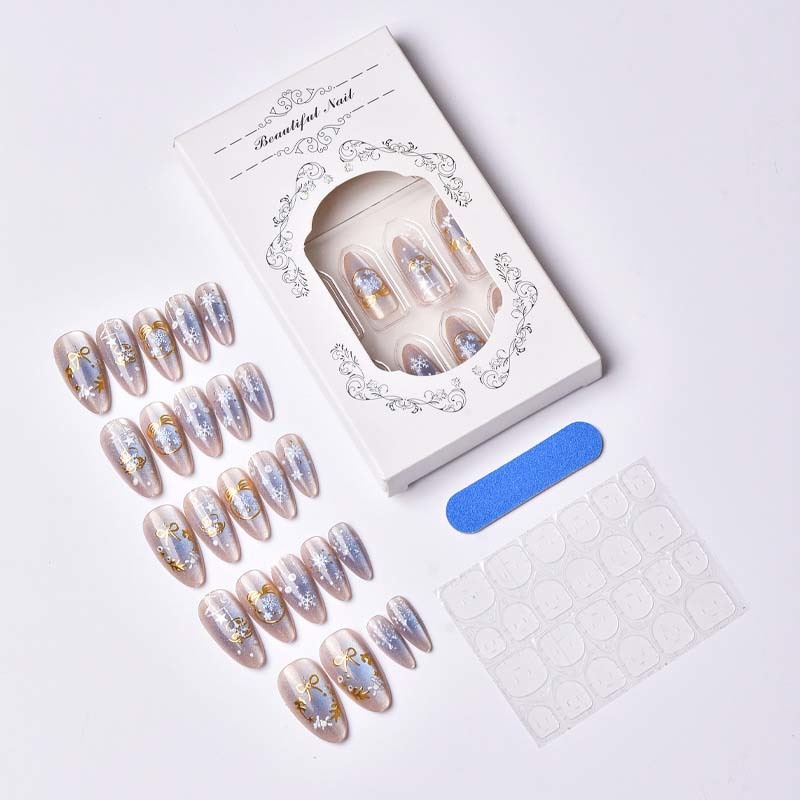 Wholesale Gold Foil Shell Holiday Press On Nails Almond Nude Luxury Wedding