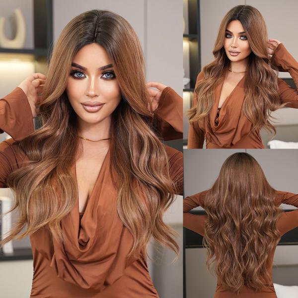 Fashion Long Body Wave Dark Root Hair Brown Synthetic Wigs For Women