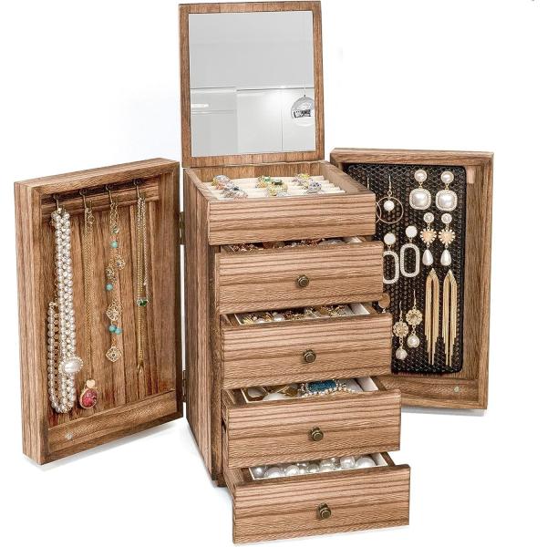 Environmental 5-Layer 4 Drawers Large Wood Organizer Box With Mirror Wood Jewelry Box