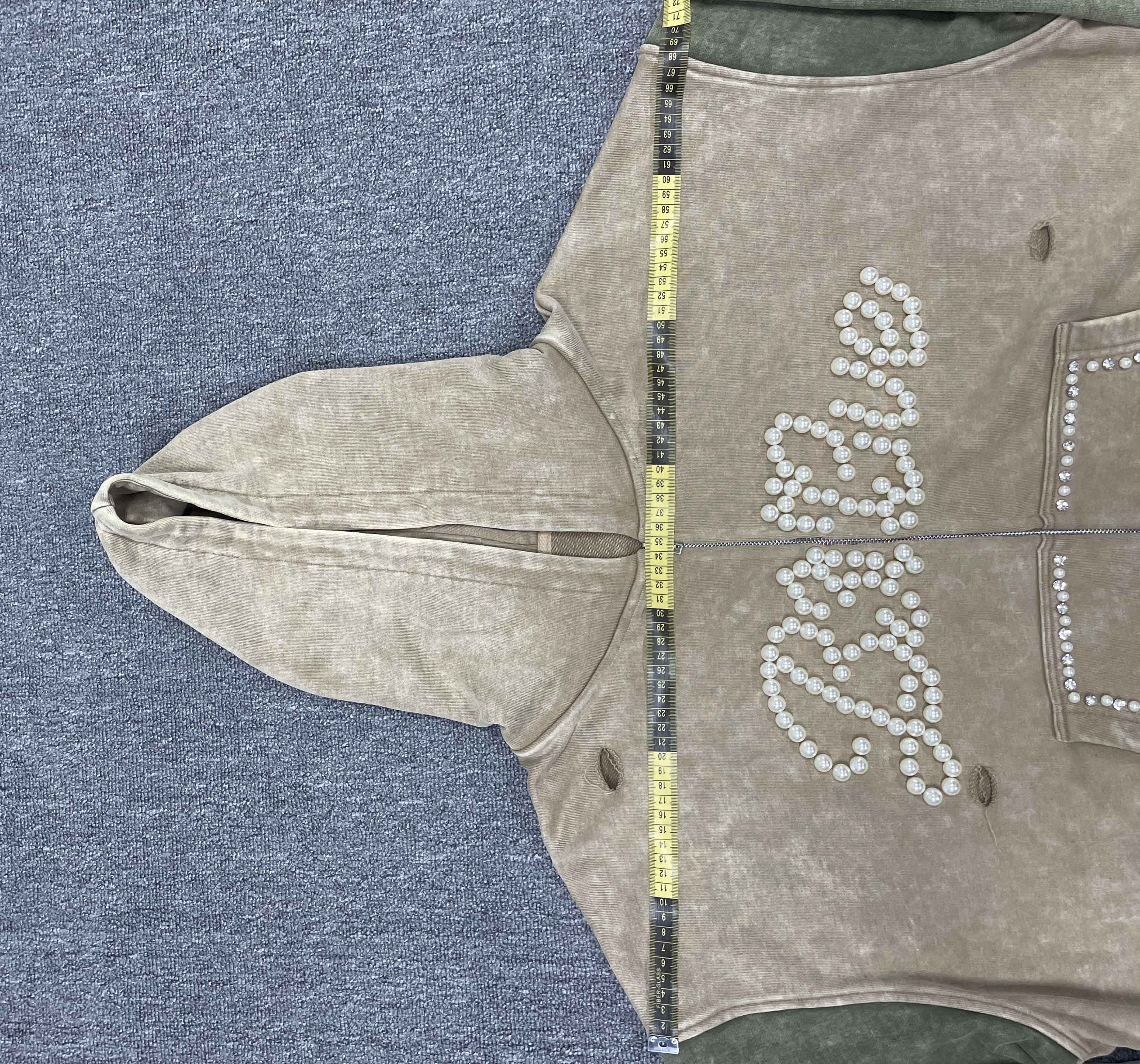 Tianan Custom Acid Wash Hoodie Vintage Stone Wash Distressed Pearl Rhinestone Spliced Sleeve Streetwear Loose Boxy Zipper Hoodie