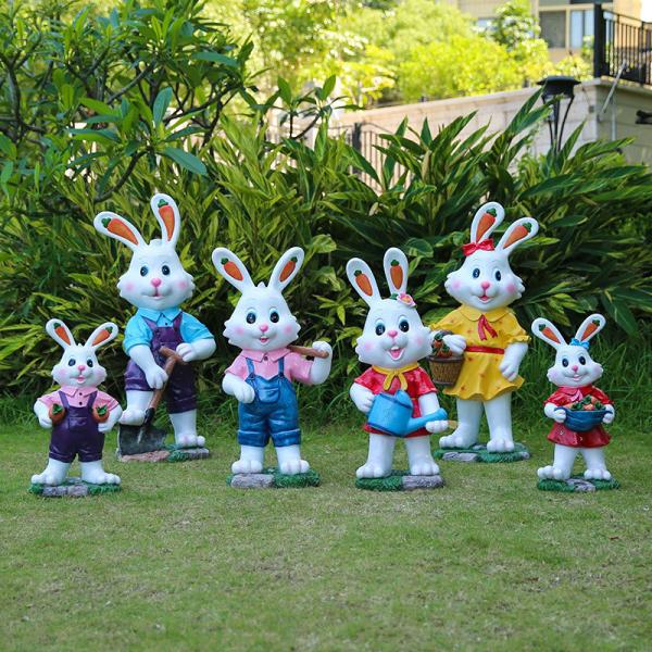 Fiberglass Rabbit Sculpture Group Outdoor Garden Decoration