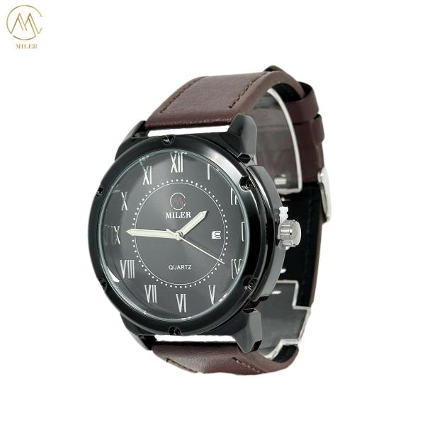 Vente à chaud alliage blanc métal noir quartz montre à mouvement avec sangle en cuir