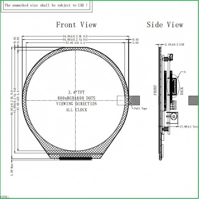 3.4-inch round screen, 800×800 high-contrast IPS full-view industrial LCD display module with HDMI board