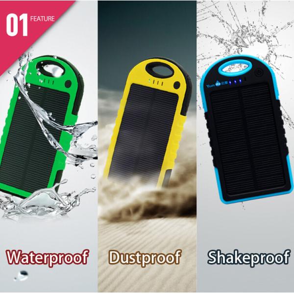 Portable waterproof/ dustproof/shakeproof solar power bank 5000mah