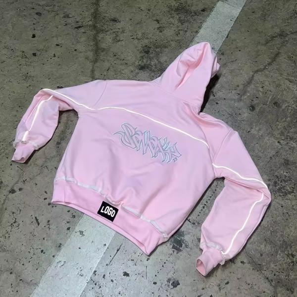 Custom pink Fashion Streetwear Hoodie Oversized 100% Cotton Fleece Drop Shoulder Reflective Embroidery Print Hoodies Men