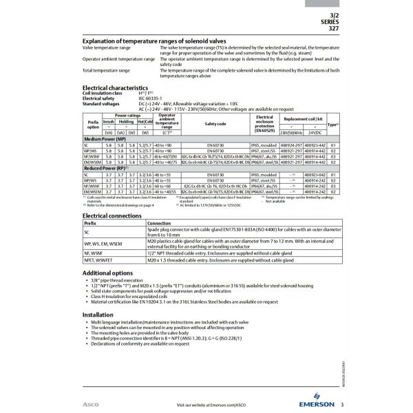 Acero inoxidable de latón ASCO 8327 2 Posición 3 Diseño de doble cámara de válvula de solenoide