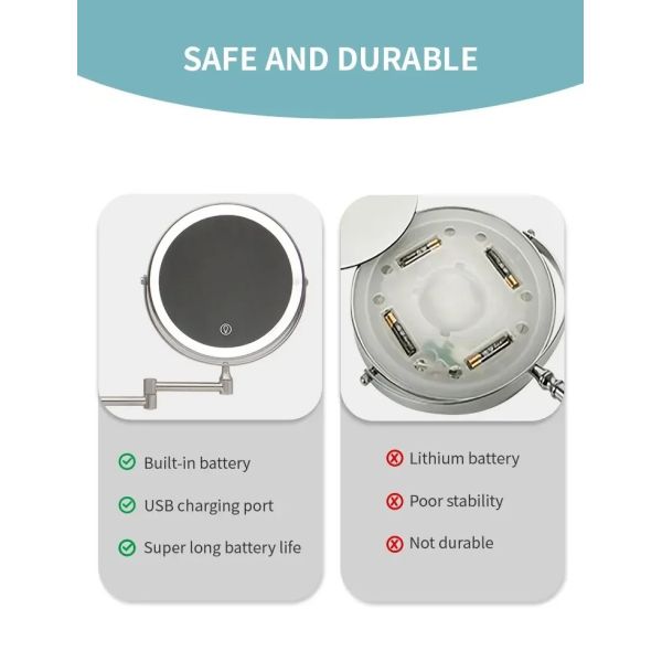 8 Inch Chrome 10x Magnifying Double Side USB Charging Bathroom 3 Color Makeup Mirror lamp(WH-MR-82)