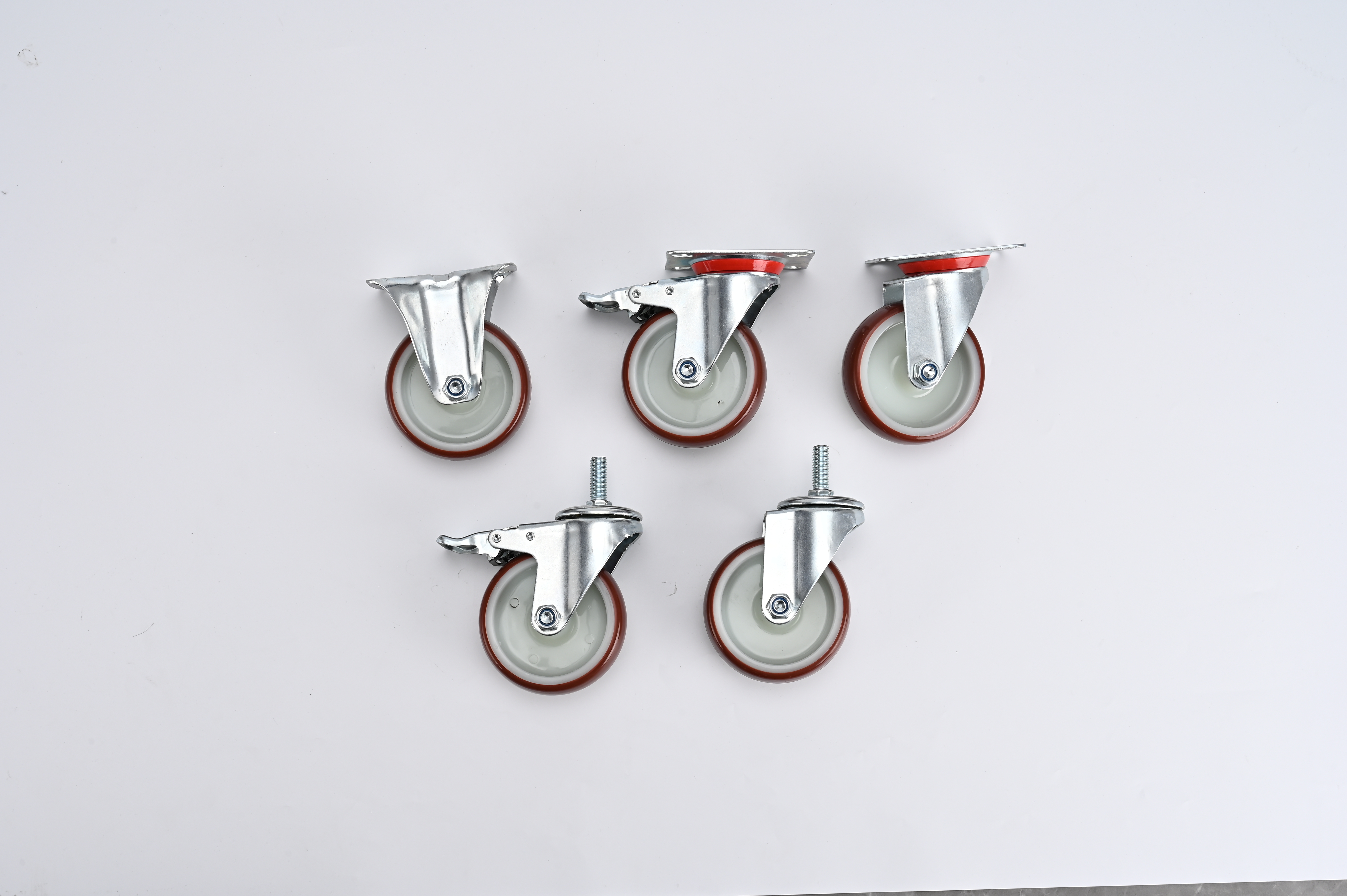 Europe Style 125mm Swivel Top Plate Red PU Casters Wheel With Roller Bearing