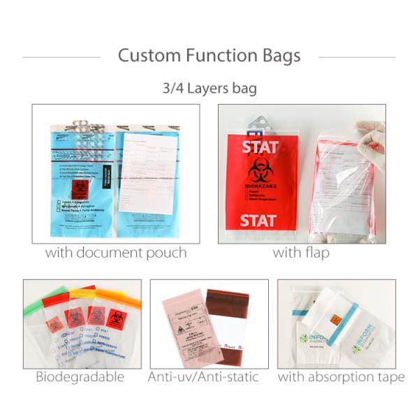 Biohazard Specimen Bags,Zip Specimen Transport Bag, Tear Off Pouch Bags, Attached Document Pouch. Printed Transport Bags