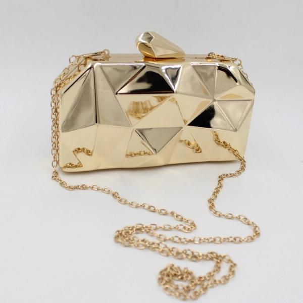 Fashion Lady Shine White And Gold Clutch Bag , Metal Box Purse With Long Chain