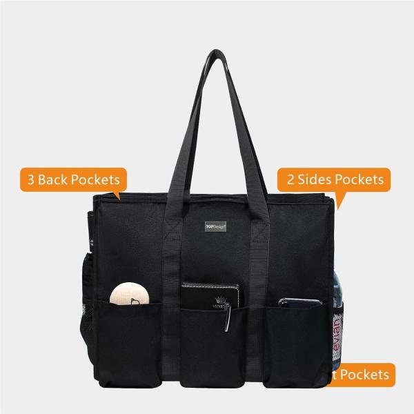 TOPDESIGN UTILITY WATER RESISTANT TOTE BAG WITH 13 EXTERIOR & INTERIOR POCKETS, TOP ZIPPER CLOSURE & THICK BOTTOM SUPPOR