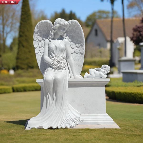 Outdoor Natural White Sitting Angel Marble Statue Headstone