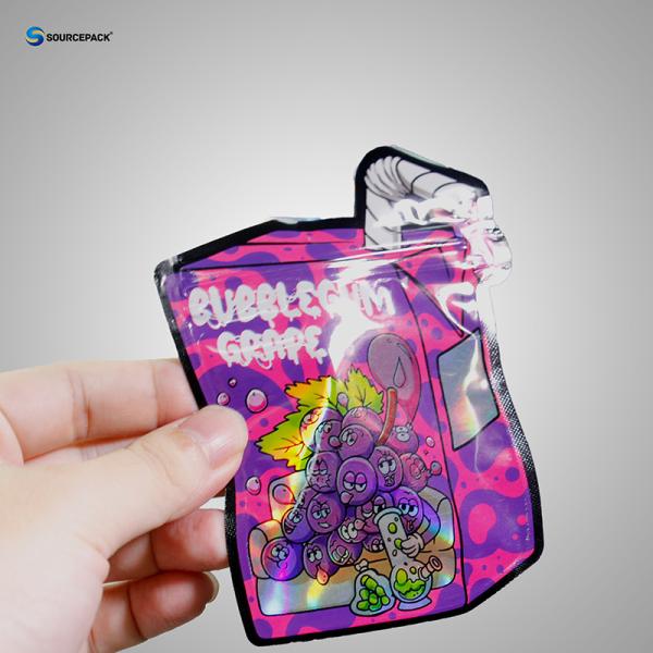 Customized Hologram Smell Proof Child Resistant Dry Flower Special Shape Packaging Bag