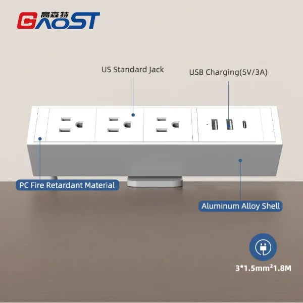 2A1C USB Desk Clamp Power Outlet Bar Fireproof For Workstation