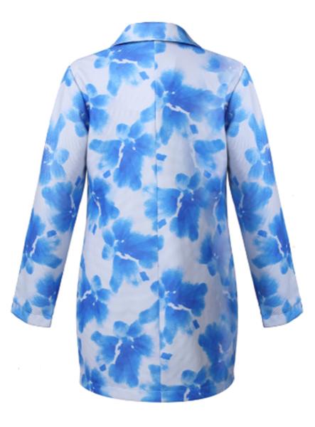 Fitted Female Formal Blazer Blue Printed With Lapel Collar And Buttons