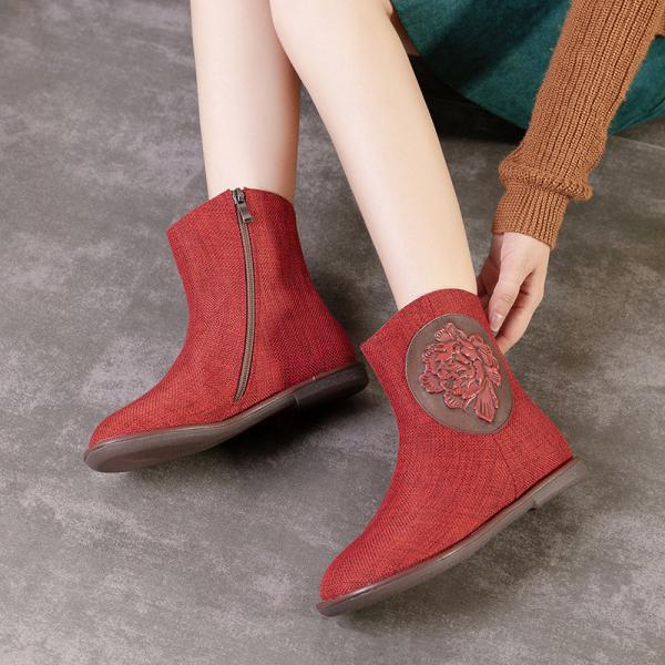 S098 Autumn and winter hot fashion boots women retro linen women's shoes leather embossed embossed flat bottom women's s