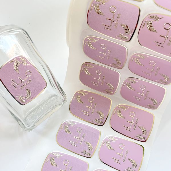 Custom Embossed Logo Gold Aluminum Stamping Pink Sticker 50ml Candle Sticker Perfume Glass Bottle Label Sticker 3d 2025
