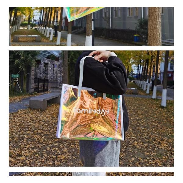 Vinyl beach totes handy bag, handle bag, should bag, Clear bag, Holographic Tote Bags, Iridescent Waterproof Top Handle Bag, Clear Jelly Totes Vocation Party Beach Bag