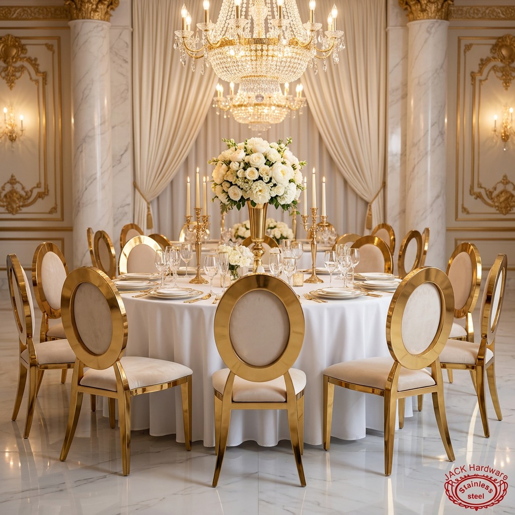 WENDING Gold Round Disc-Back Splayed-Leg Banquet Chair – Circle Backrest Wedding Chair