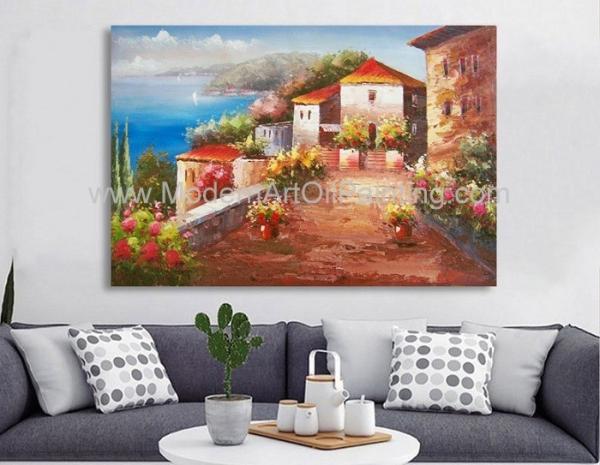 Pintura de paisagem do litoral da impressão da pintura a óleo do mar Mediterrâneo para a decoração