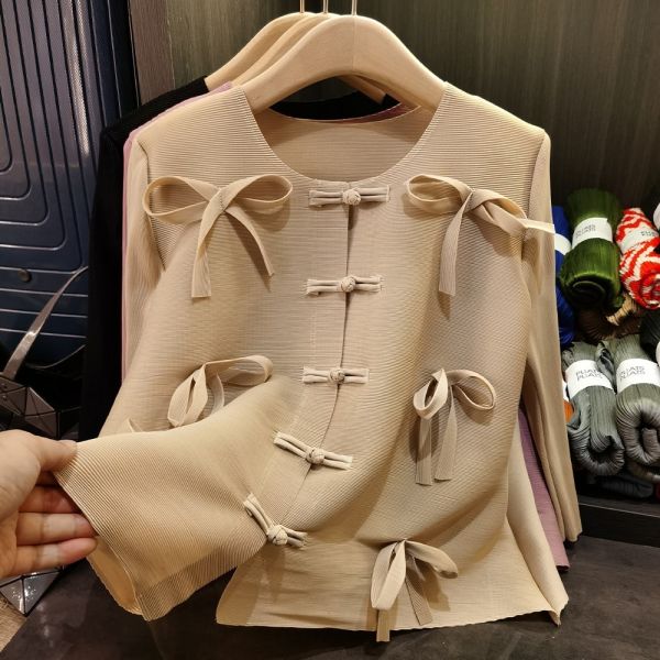 Women's New Chinese Style Long Sleeved Cardigan Pleated Top Button Bow Solid Color for Spring Social Occasions Casual Polyester