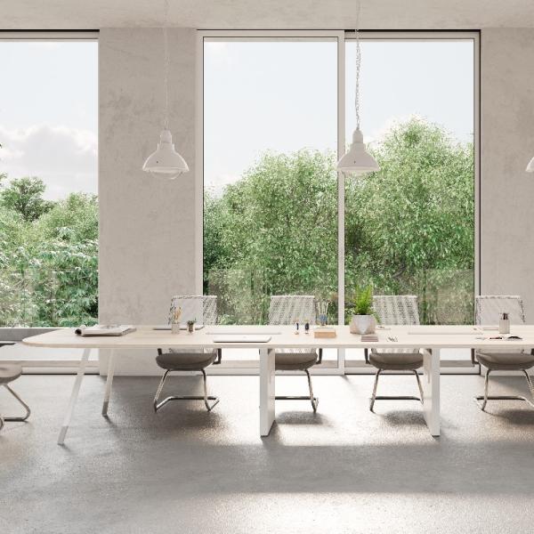 Mesa de conferências de escritório moderna de madeira com cor branca e superfície de mesa de aço revestida com pó