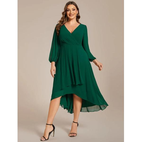 Plus Size Ruffled A-line Long Sleeve V-neck High Low Wedding Guest Navy Blue Chiffon Bridesmaid Dress