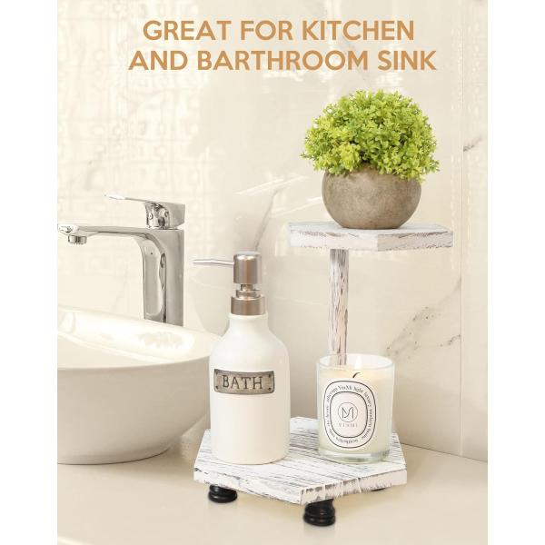 2-Tier Hexagonal Wooden Display Riser White Farmhouse Tray for Kitchen and Bathroom