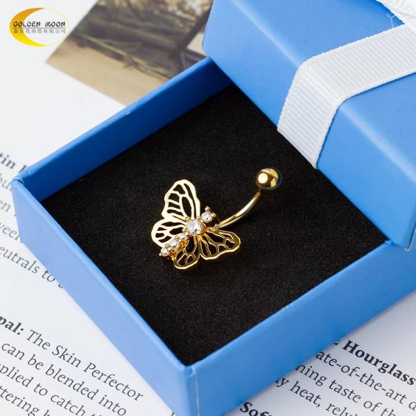 14G bijoux de bague de ventre papillon personnalisé SS Piercing de corps bijoux 14K plaqué or
