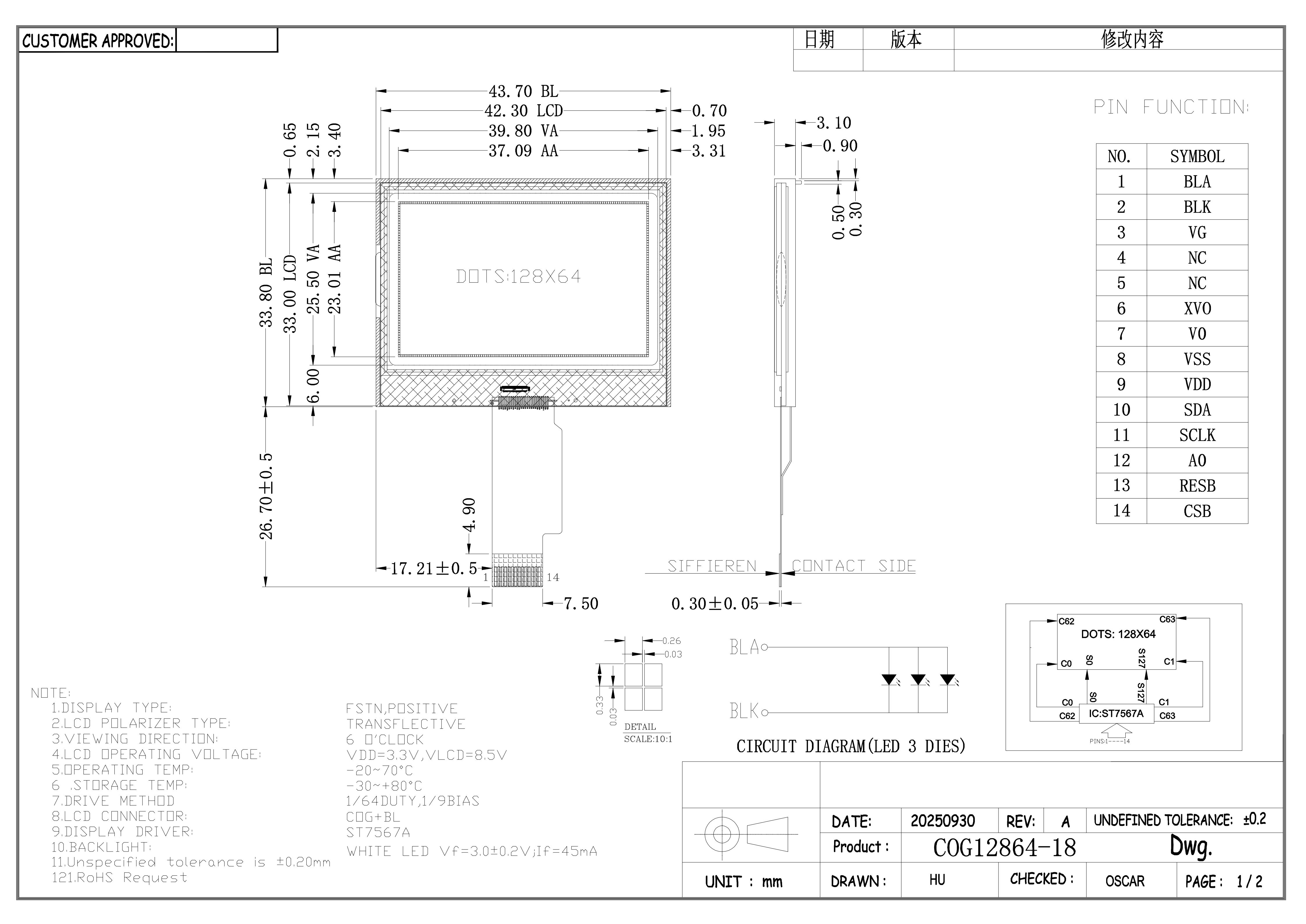 COG12864-18 128x64 DOTS Industrial Monochrome COG LCD Display