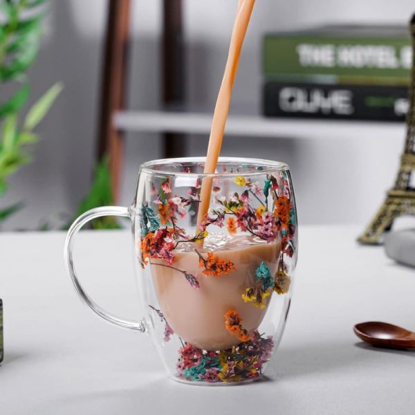 350ml 12OZ Heat Resistance Double Wall Coffee Cups With Dry Flower Transparent Color