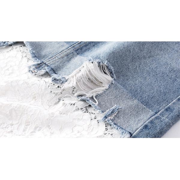 Lace Hem Women Patch Pocket Rips Denim Short Skirt