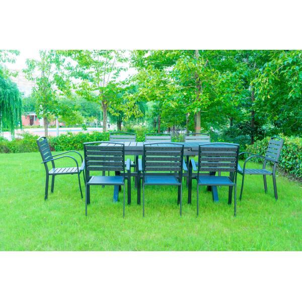 9 Pieces Black Plastic Wood Modern Outdoor Garden Furniture Table Set 8-10 Seater Extendable Patio Dining Table Chairs