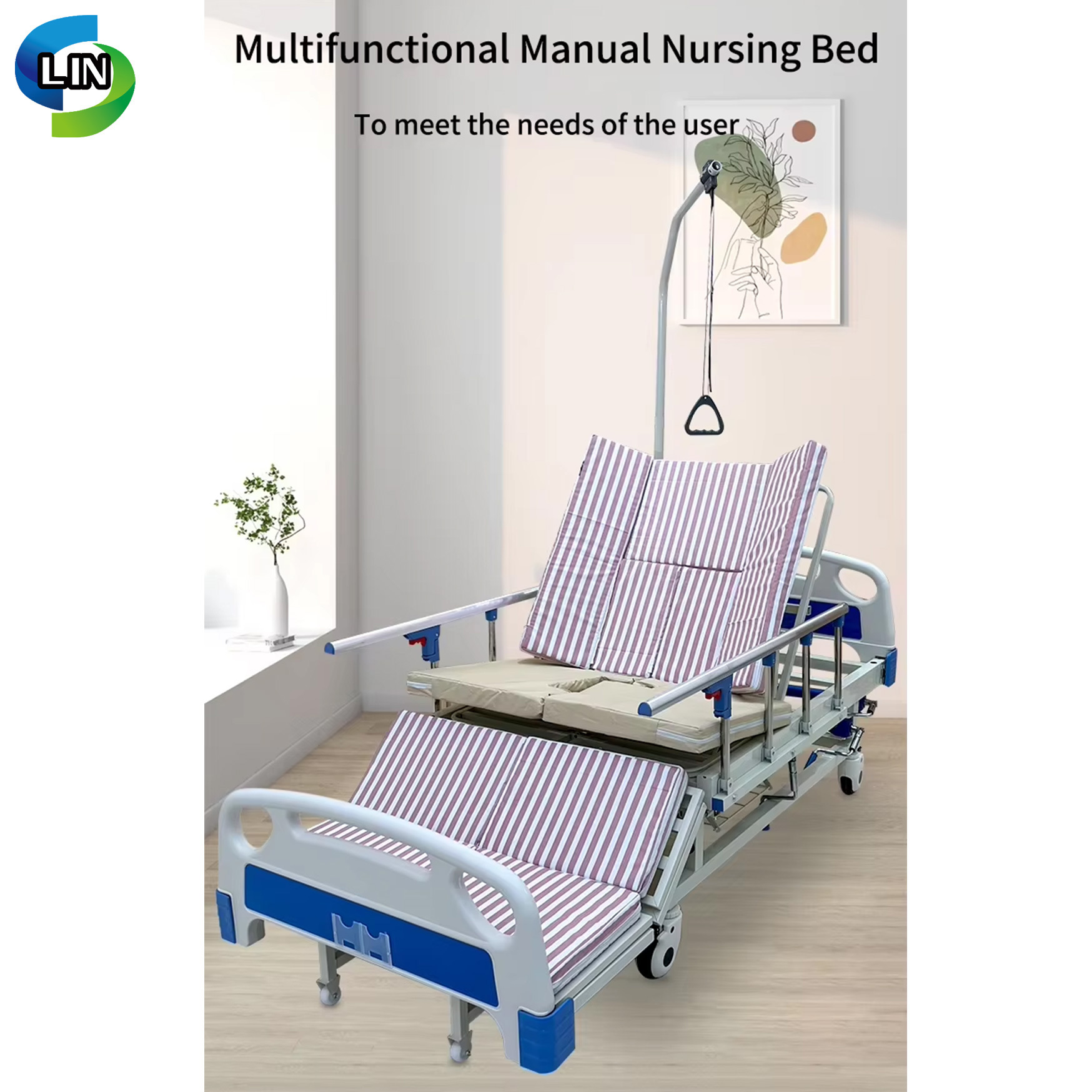 Manual Nursing Bed with Backrest and Footrest Adjustment and Side Tilting for Home Care