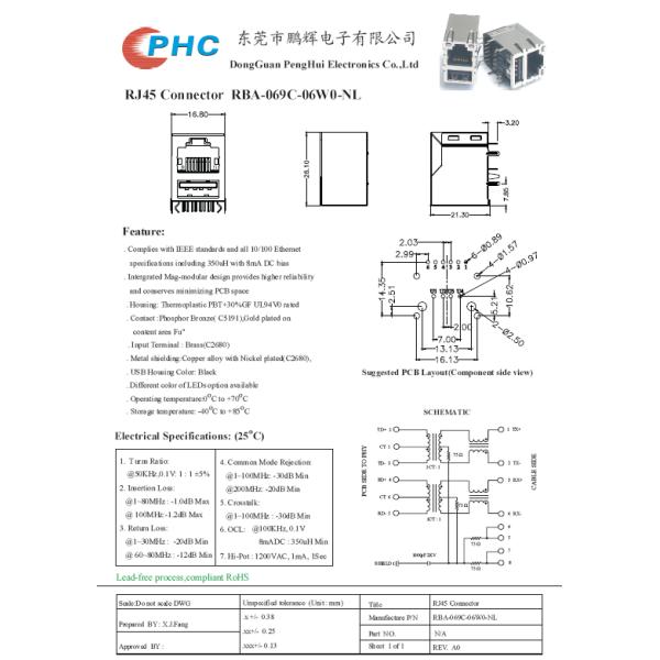 RBA-069C-06W0-NL 27.5mm 1 порт магнитное RJ45 Jack БЕЗ сплава латуни СИД