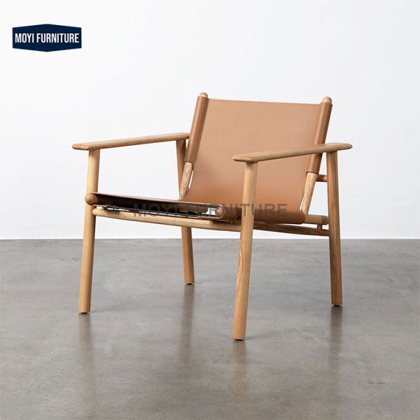 Custom Designer Italian Balcony Solid Wood Chair with Log Armrest Designer Saddle Leather Leisure Seating Home Furniture