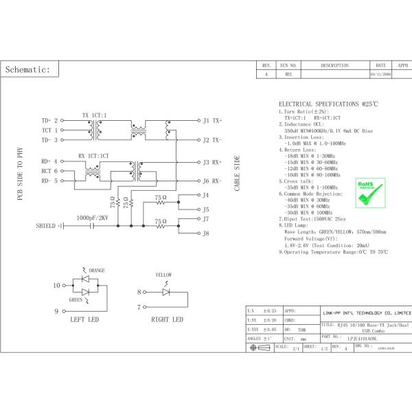 08C2-1X1T-03 RJ45 USB Connector LPJU4101AONL 10 / 100Base-T Embedded Board