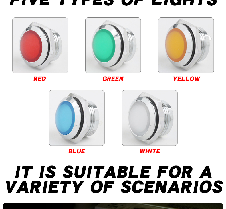 16MM Soft Light LED Power Indicator Light IP66 Rated Red/Green/Yellow/Blue/White 24V Nickel-plated Brass Shell for Control Panel