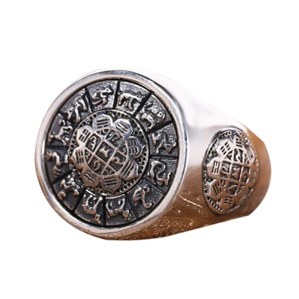 Men Sterling Silver Engraved Chinese Zodiac Retro 925 Silver Ring (059886S)