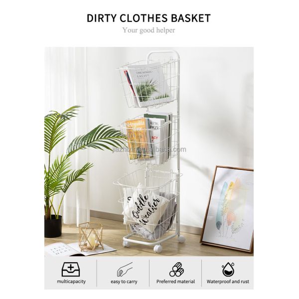 Bathroom 3 Tier Iron Wire Mesh Dirty Clothes Basket Removable Push Pull Laundry Holder with Wheels Toilet Trolley Storage Rack