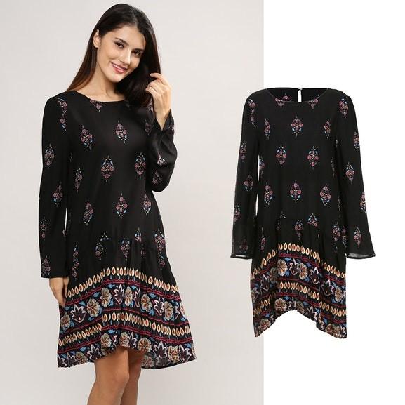 Newest Design Women Folklore Pattern Shirt Dress