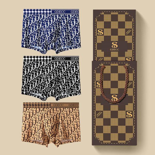 2xl 3xl 4xl Polyamide Mens Boxer Shorts 3 Pack Gift Box Antibacterial Letter Print Ice Silk