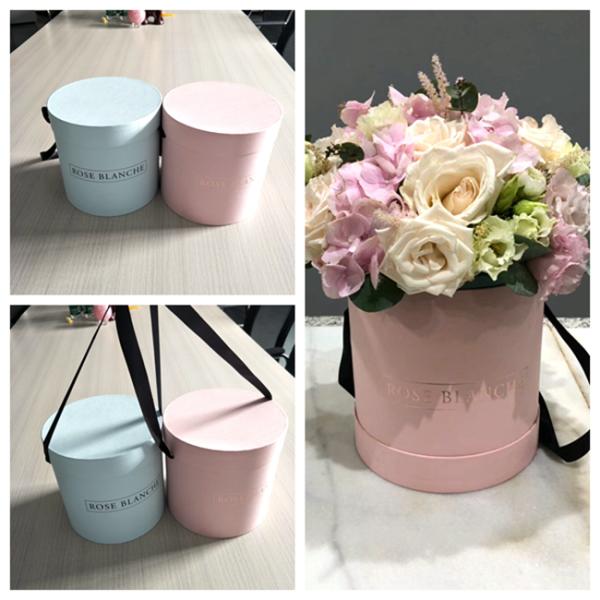 Luxury Rose Cylinder Gift Box Pink Paper Gold Logo With Ribbon Handle