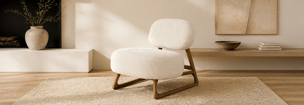 Minimalist White Bouclé Armless Lounge Chair, Solid Wood  CYC-021-WHT