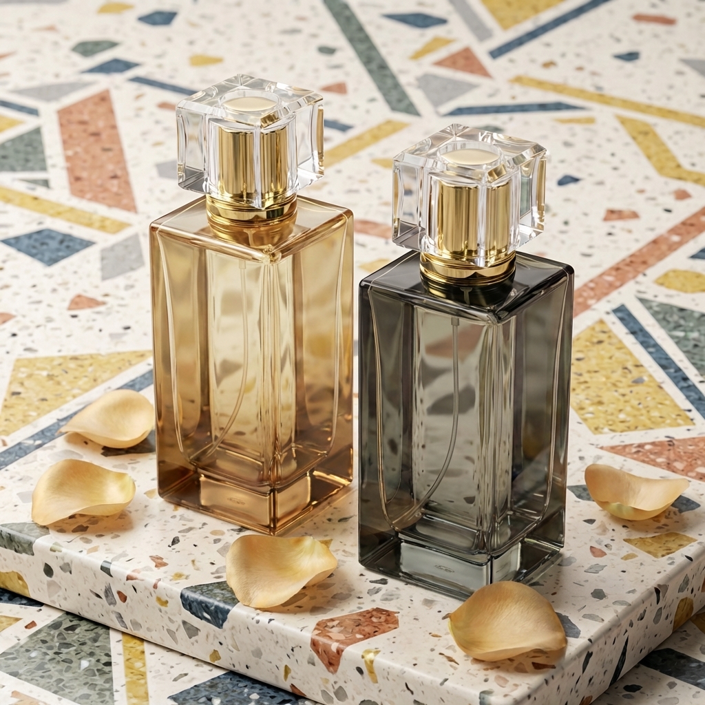 Empty Glass Perfume Bottles 100ml Spray Rectangle Acrylic Cap Crimp Neck