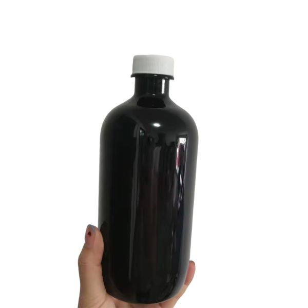 PET Collar Material 28mm 400 Neck Size Empty Black Round PDP Tris Plastic Bottles 500ml 16oz Cough Syrup Containers with Screw Cap