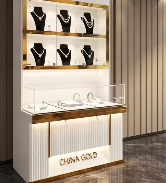 Commercial Jewelry Display Stand Multi-Layer Glass Door Stainless Steel Brass Wood Construction LED Lighting Retail Store