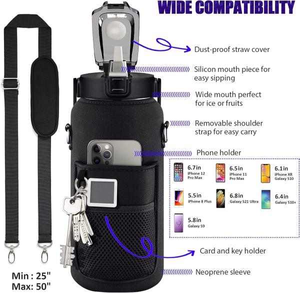 Half Gallon Water Bottle With Sleeve 64oz (2L) Inspirational Water Bottle With Straw and Time Stamp,