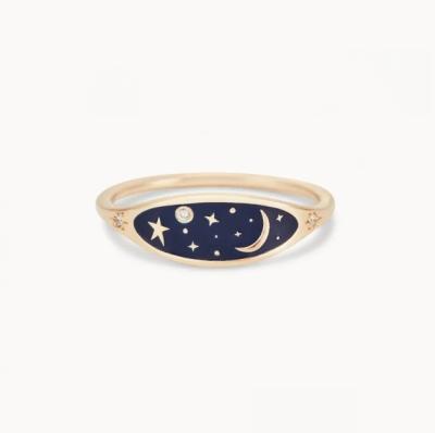 Handmade 18K Gold Plated Midnight Blue Enamel 925 Sterling Silver Round Brilliant CZ Stacking Ring para raparigas